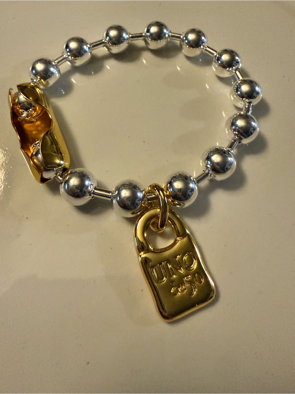 Uno de 50 Two-Tone Silver Bead and Gold Accent Women's Bracelet - Picture 2 of 6